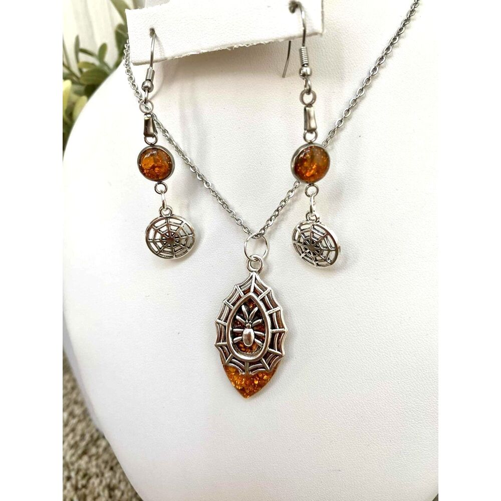 Handmade Gothic Spider Web Jewelry Set – Silver Tone with Orange Glitter Accents - Picture 3 of 5
